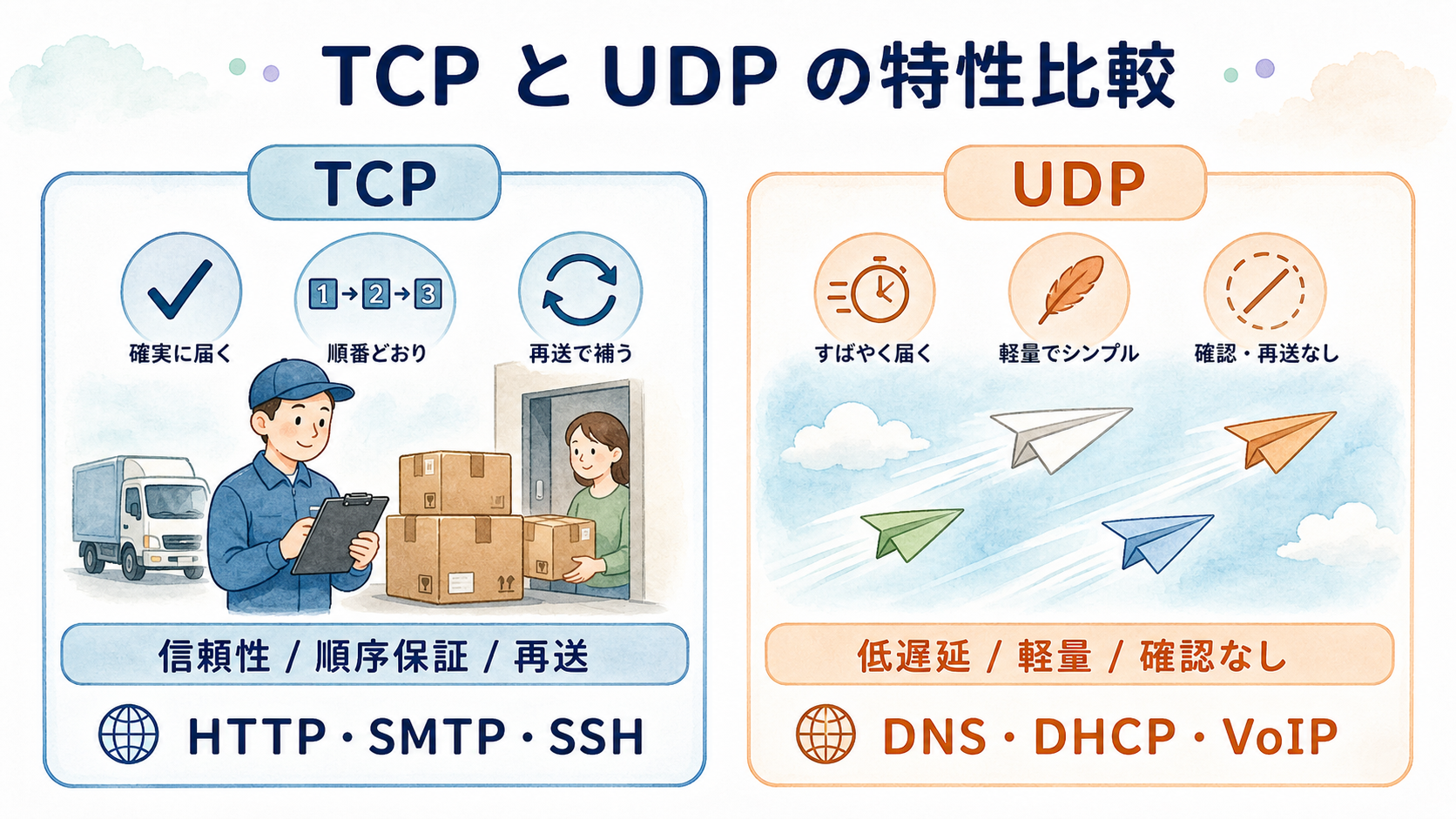 TCP と UDP の特性比較