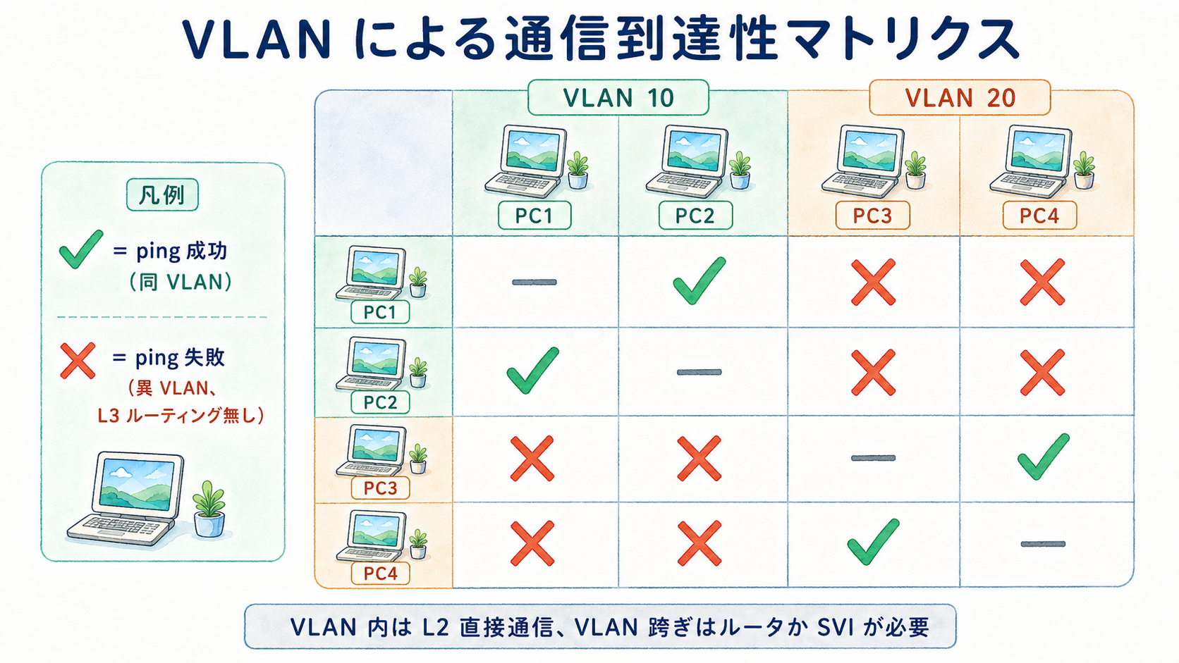 VLAN 間の到達性マトリクス