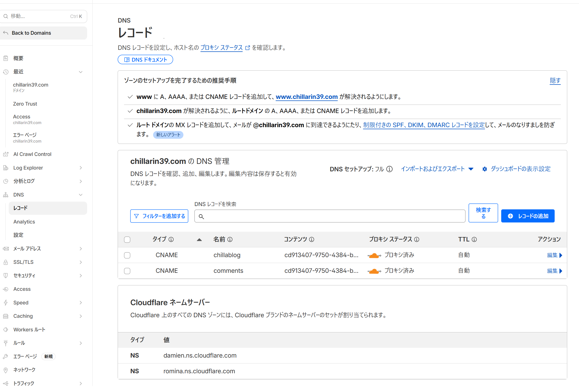 DNS record設定画面