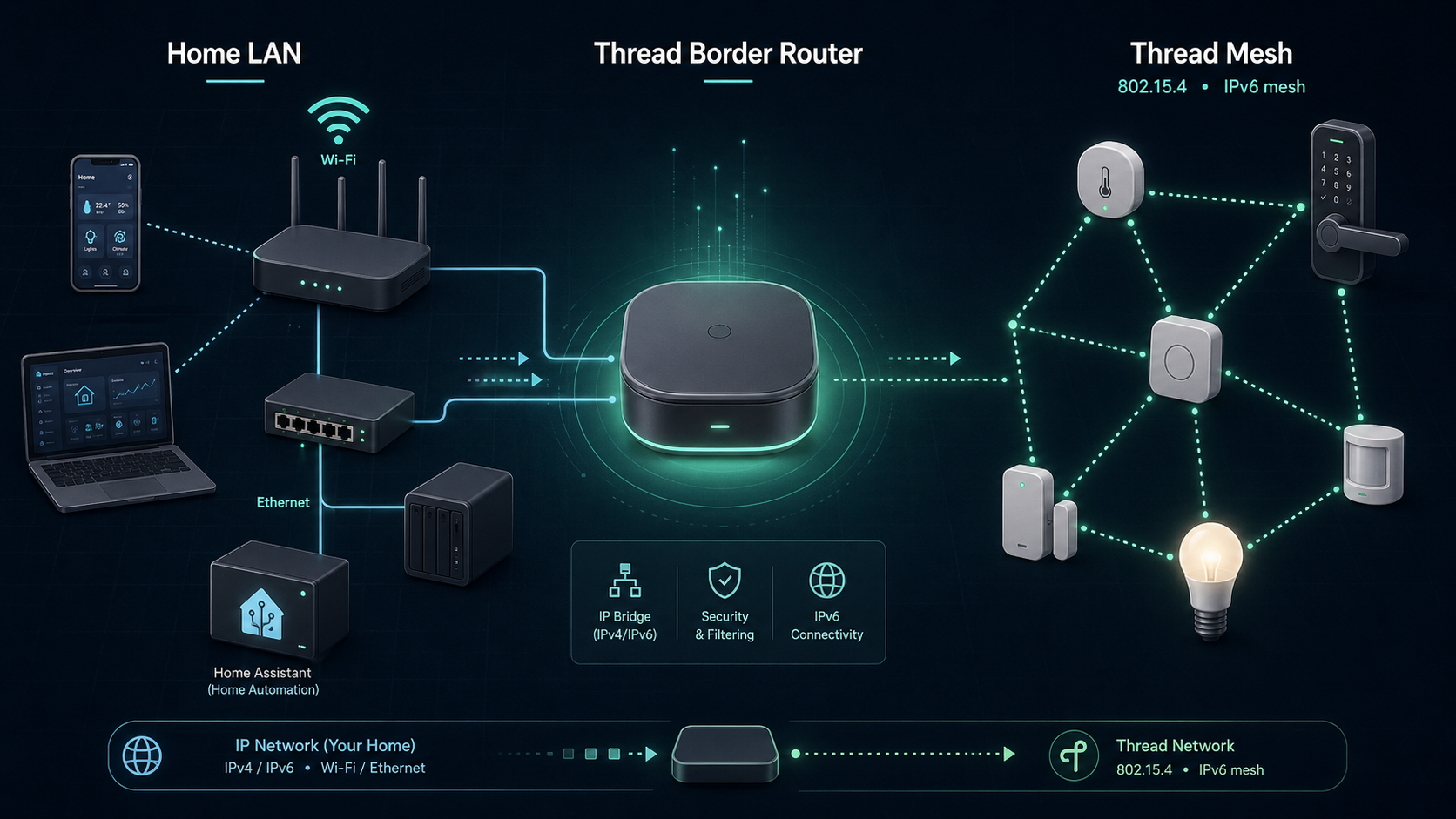 Thread Border Routerが家庭内LANとThreadメッシュを橋渡しする構図