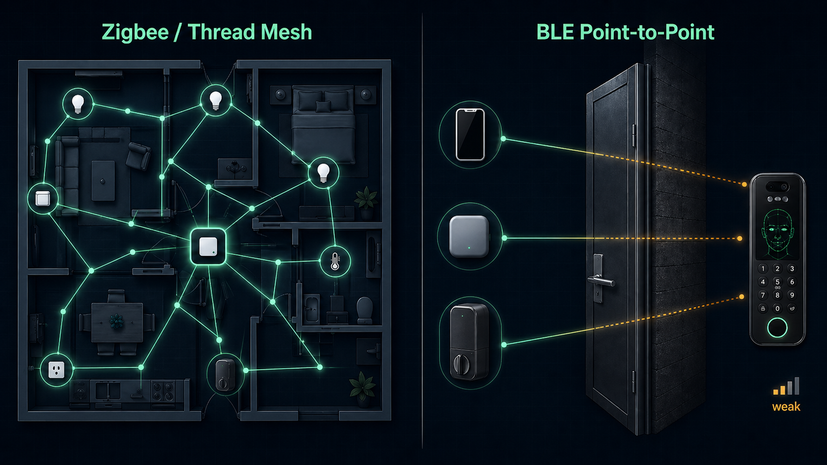 Zigbee/ThreadメッシュとBLE点対点リンクの遮蔽差を比較した図