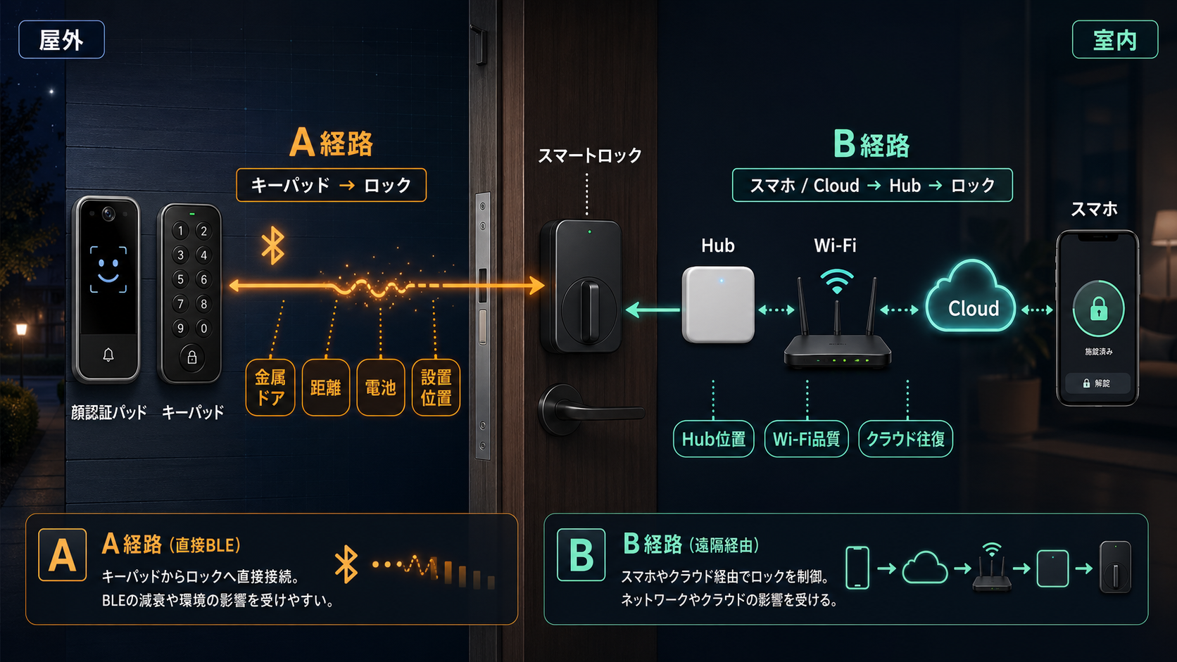 SwitchBotロックの直結リンクとHub経由経路を切り分けたトラブルシュート図